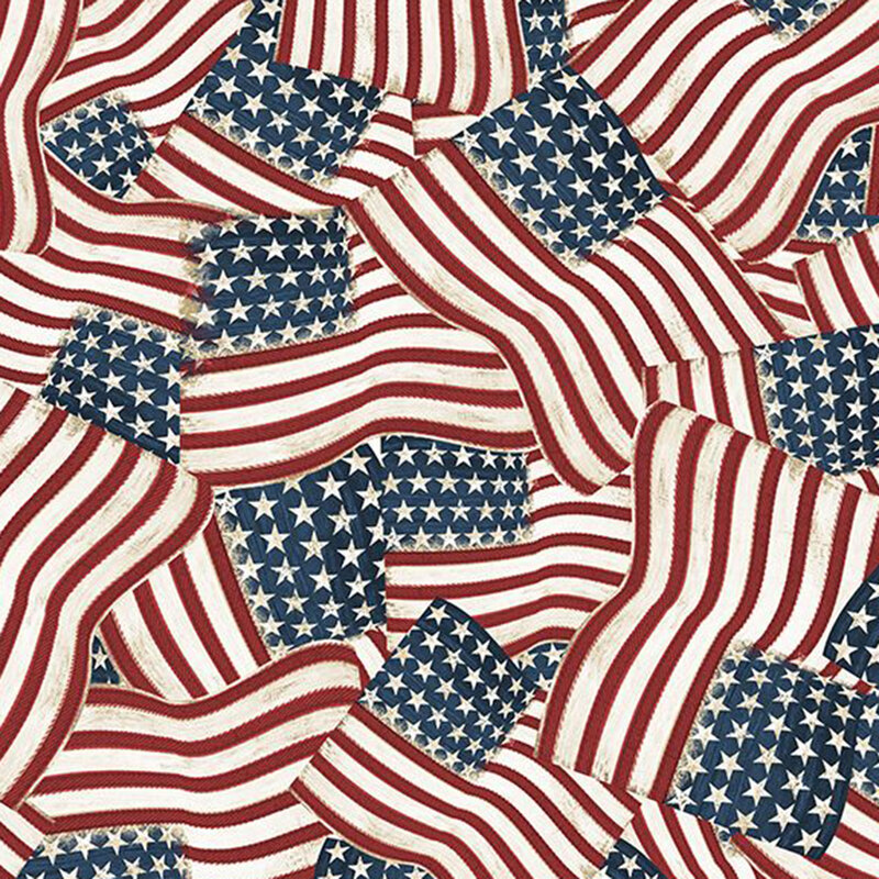 American flags in red, white, and blue with stars and stripes overlapping in various directions.