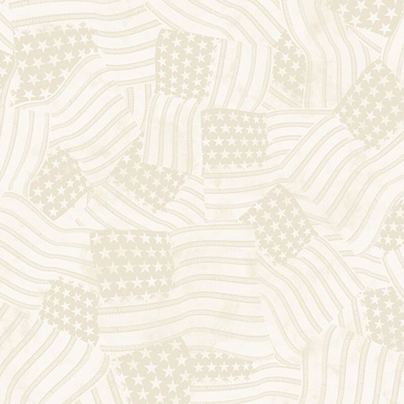 Tonal cream fabric featuring American flags in with stars and stripes overlapping in various directions.
