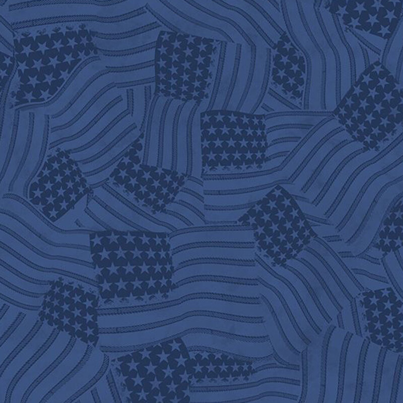 Tonal navy fabric featuring American flags in with stars and stripes overlapping in various directions.