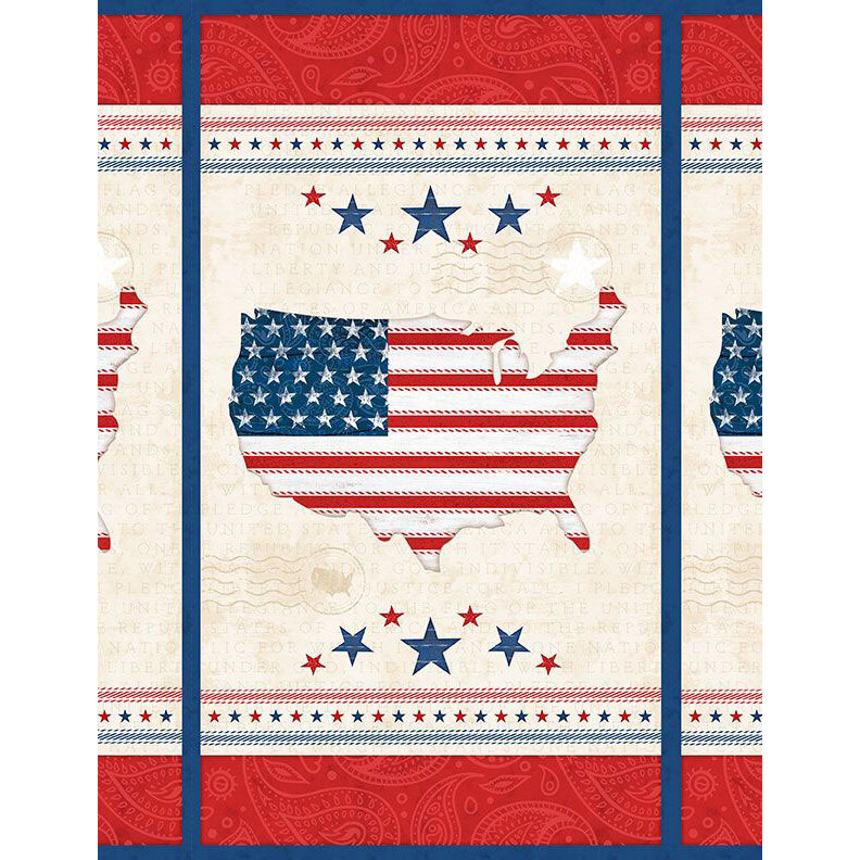 Panel featuring the continental US as an American flag in red, white, and blue surrounded by stars and borders on mottled cream fabric.