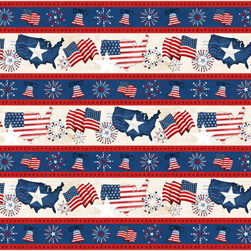 Digital image of border stripe fabric featuring Americana themed stars, stripes, fireworks, and flags on alternating rows of red, white, and blue.