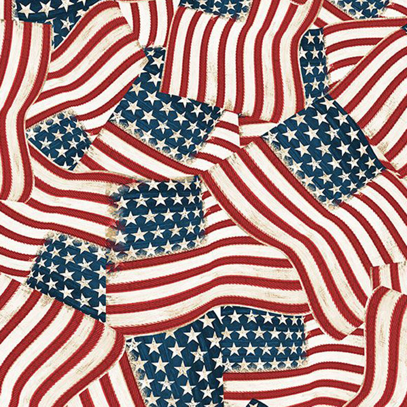 American flags in red, white, and blue with stars and stripes overlapping in various directions.