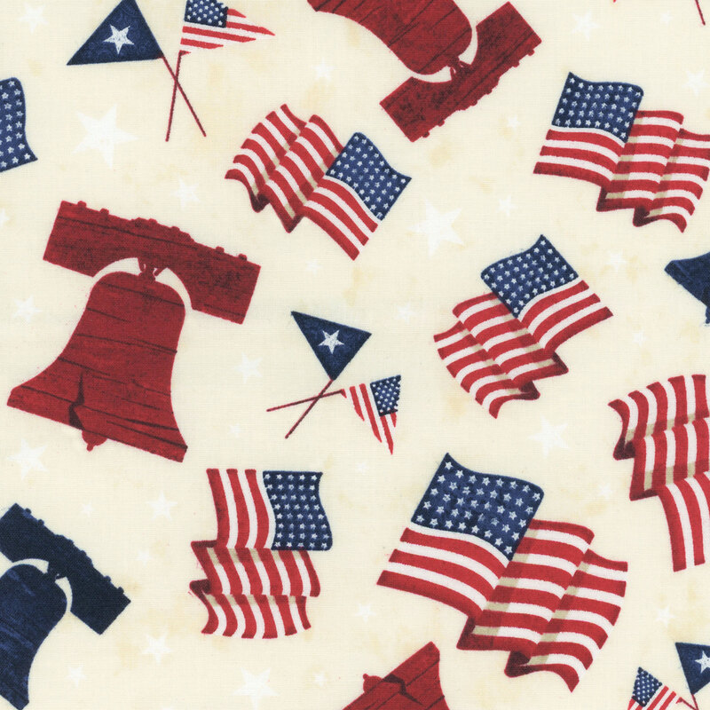 Mottled cream fabric featuring scattered white stars, American flags, and Liberty Bells in colors of red, white, and blue.