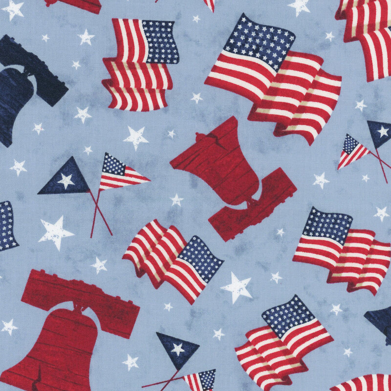 Mottled light blue fabric featuring scattered white stars, American flags, and Liberty Bells in colors of red, white, and blue.