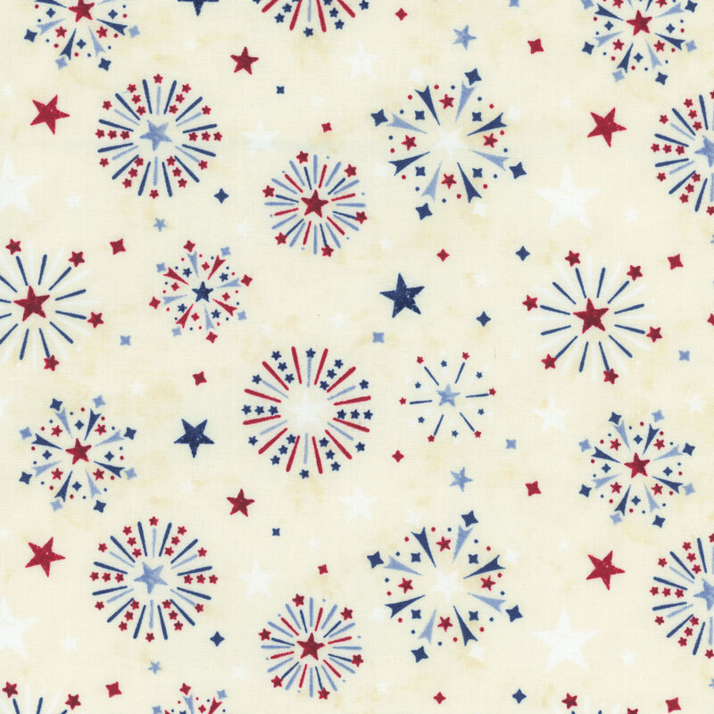 Mottled cream fabric tossed with fireworks and stars in red, white, and blue.