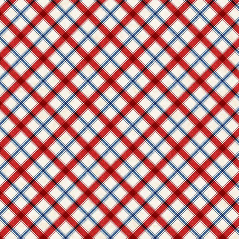 Red and blue window pane plaid on mottled cream fabric.