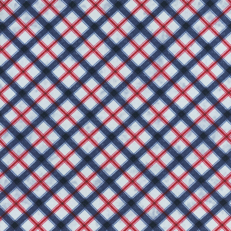 Red and blue window pane plaid on mottled light blue fabric.