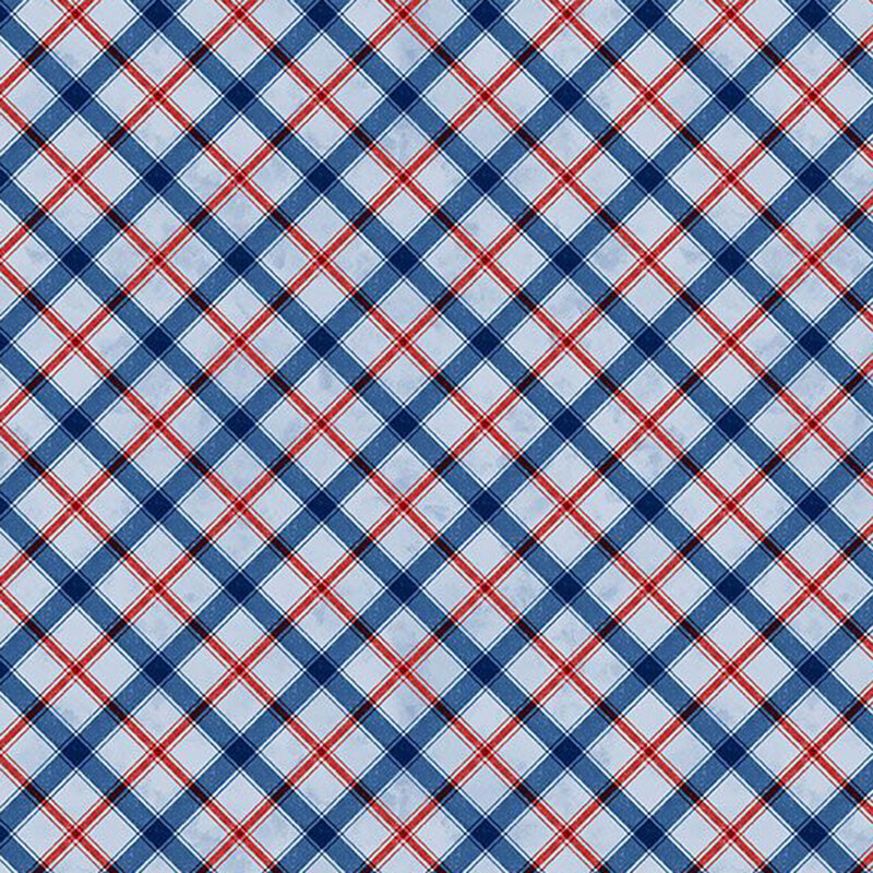 Red and blue window pane plaid on mottled light blue fabric.