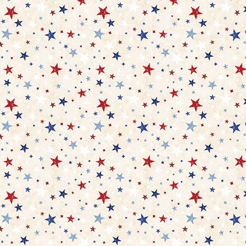 Red, white, and blue stars tossed on mottled cream fabric.