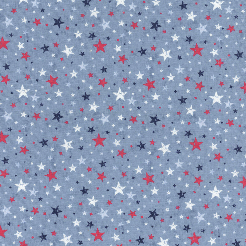 Red, white, and blue stars tossed on mottled light blue fabric.