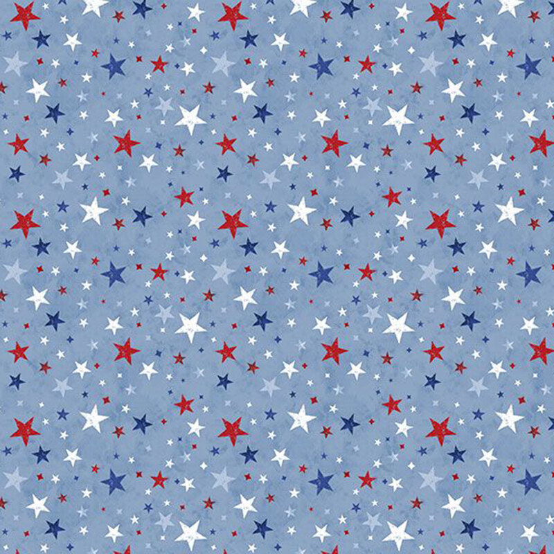 Red, white, and blue stars tossed on mottled light blue fabric.