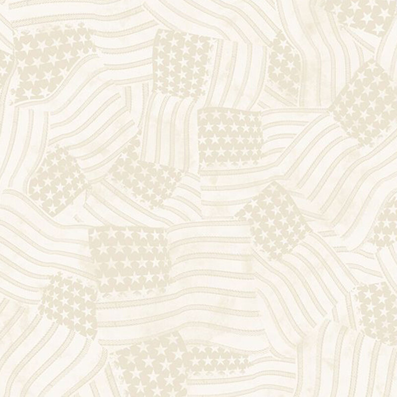 Tonal cream fabric featuring American flags in with stars and stripes overlapping in various directions.