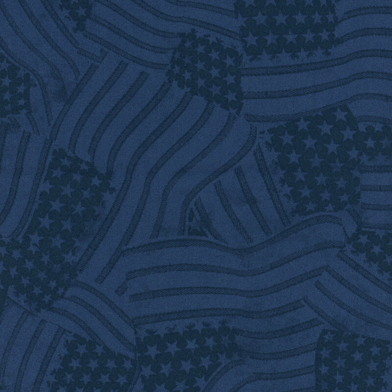 Tonal navy fabric featuring American flags in with stars and stripes overlapping in various directions.