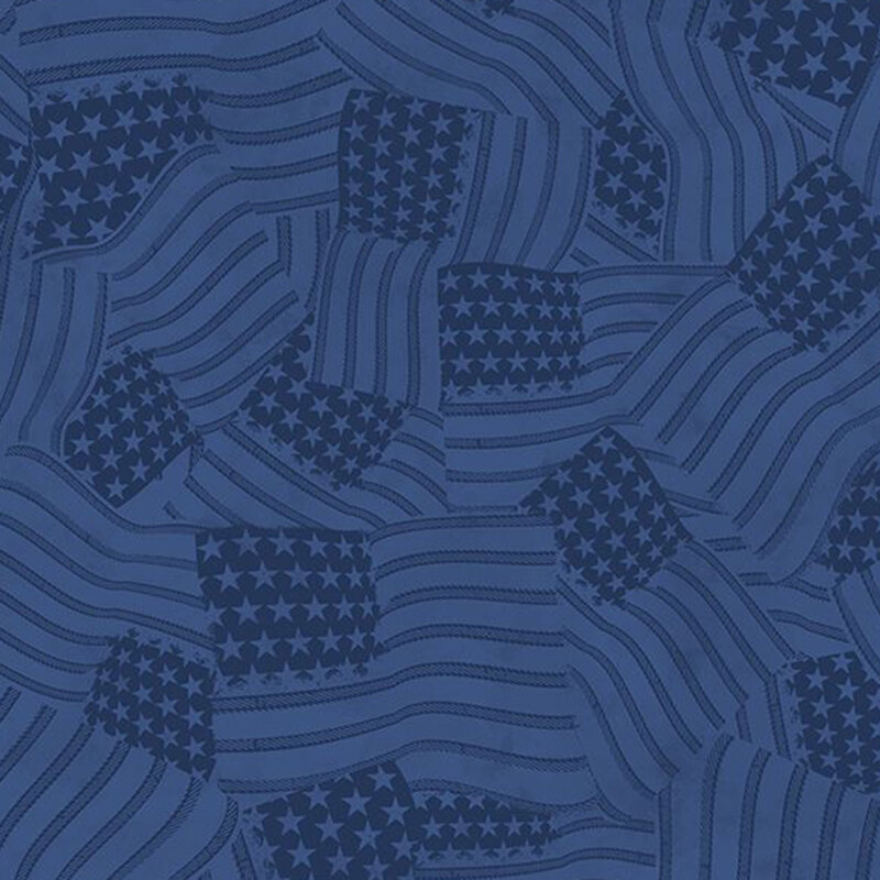 Tonal navy fabric featuring American flags in with stars and stripes overlapping in various directions.