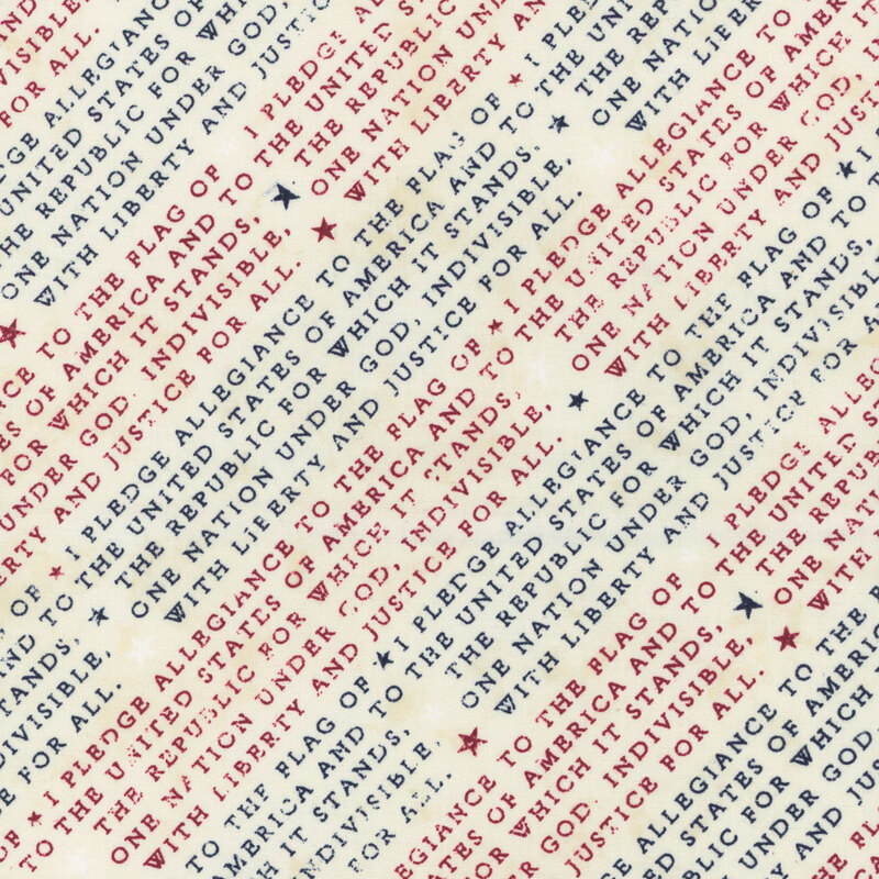 The Pledge of Allegiance in alternating colors of red and blue on mottled cream fabric.