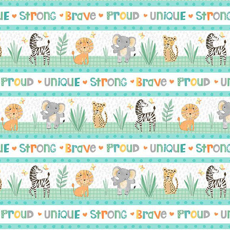 border print featuring jungle animal, jungle leaves, and motivational words in aqua, light gray, yellow, and orange on white fabric.