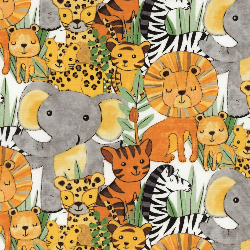 Packed jungle animals in gray and orange along with green leaves on white fabric.