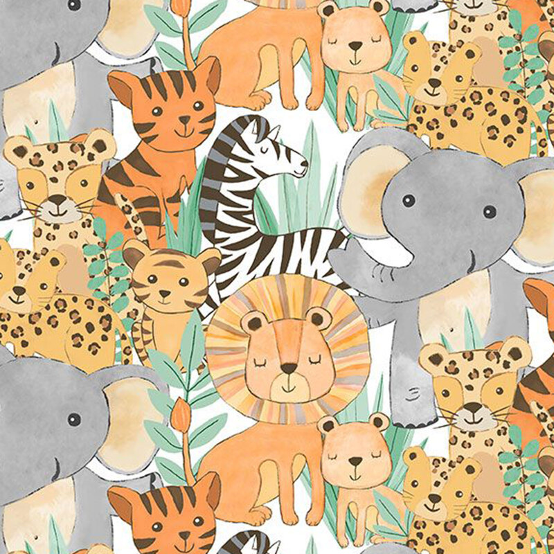 Packed jungle animals in gray and orange along with green leaves on white fabric.