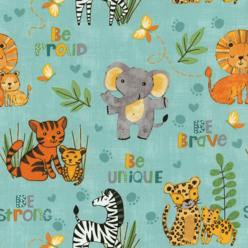 Yellow butterflies, teal paw prints, green leaves, inspirational words, and jungle animals on teal fabric