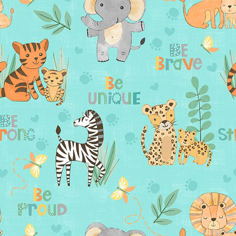 Yellow butterflies, teal paw prints, green leaves, inspirational words, and jungle animals on teal fabric