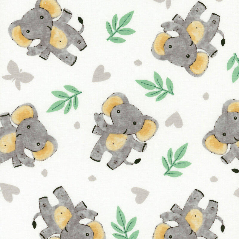 white fabric tossed with gray elephants, green leaves, and light gray hearts, butterflies, and paw prints.