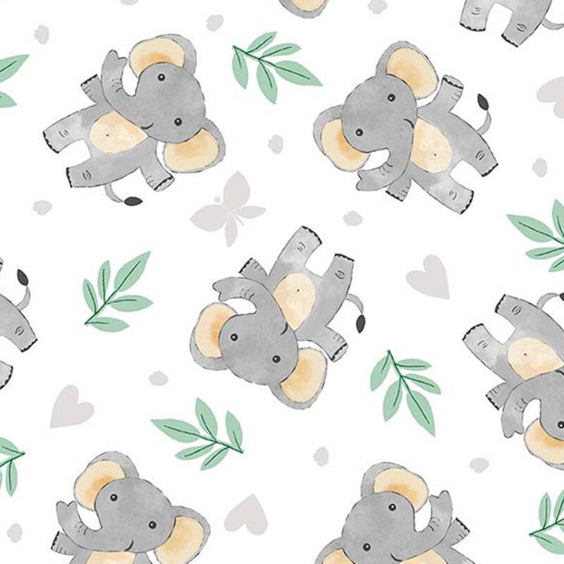 white fabric tossed with gray elephants, green leaves, and light gray hearts, butterflies, and paw prints.
