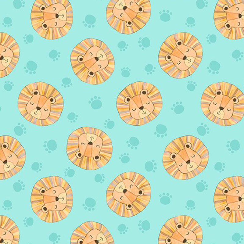 Lion heads in yellow, orange, and gold tossed with aqua paw prints on teal fabric