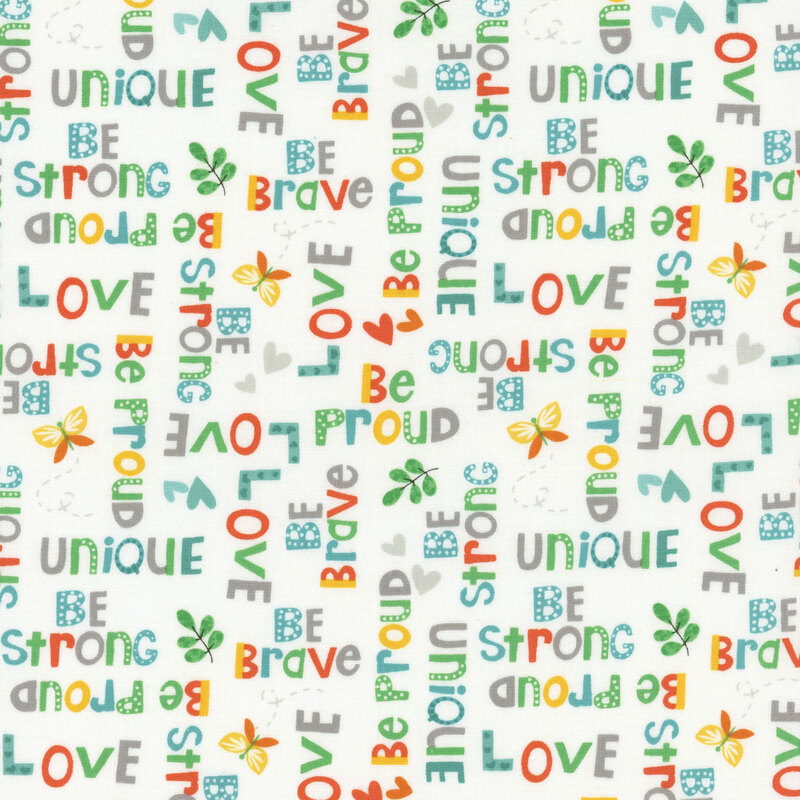 inspirational words and empowering phrases in teal, gray, and orange on white fabric