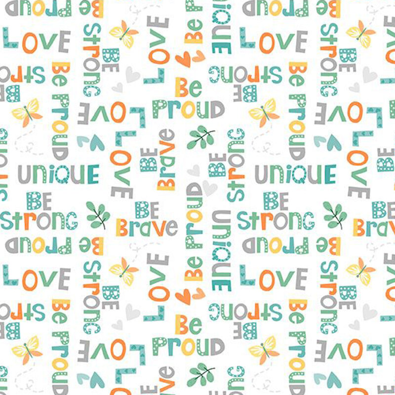 inspirational words and empowering phrases in teal, gray, and orange on white fabric