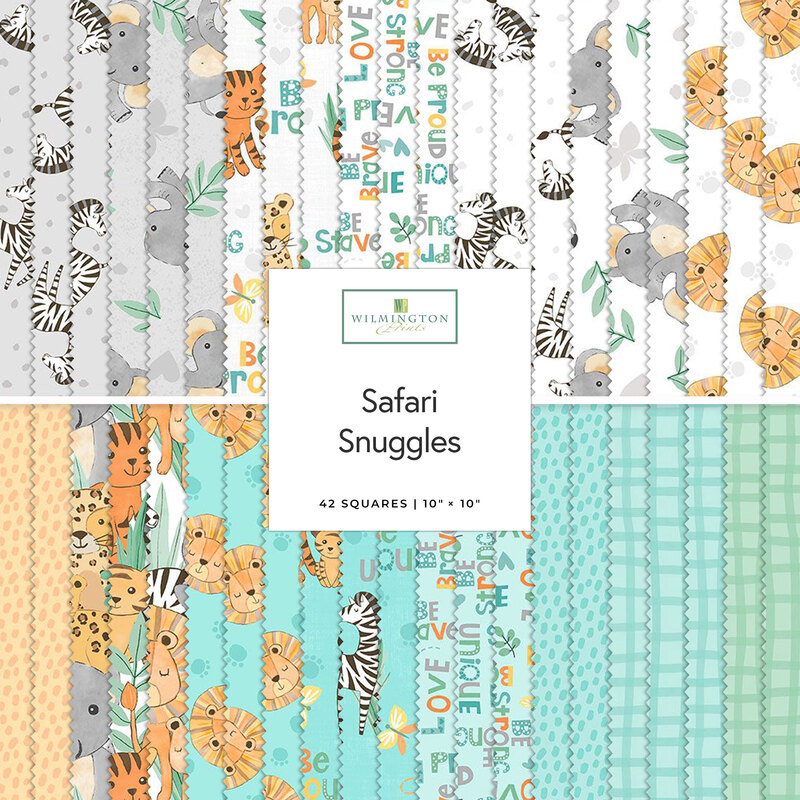 Two rows of patterned fabric swatches in white, light gray, and aqua with jungle animal patterns, labeled Safari Snuggles by Wilmington Prints.