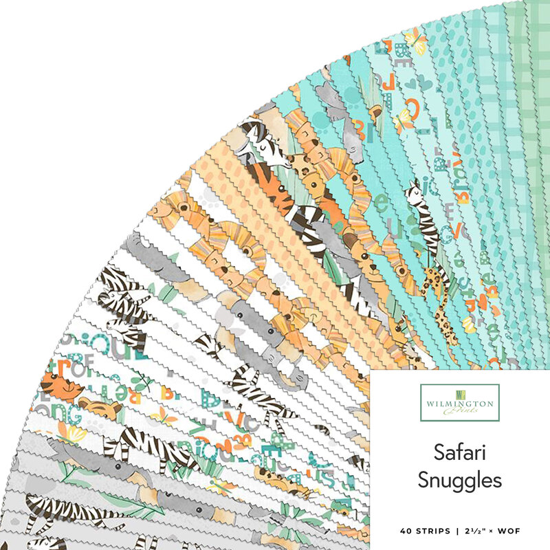 Collage of fabric strips in white, light gray, and aqua featuring jungle animals, arranged in a circular display, labeled Safari Snuggles by Wilmington Prints.