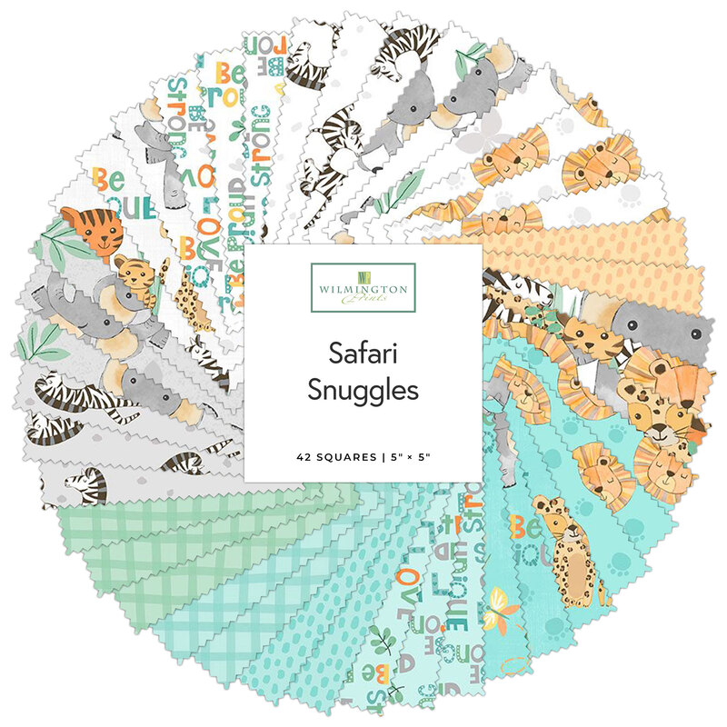 Collage of fabric swatches in white, light gray, and aqua with a jungle animal themes arranged in a circular pattern, labeled Safari Snuggles, by Wilmington Prints.