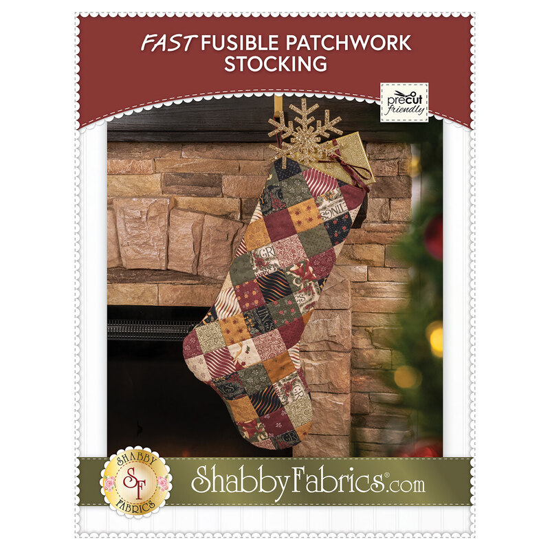 Front cover of the pattern showing the completed stocking stuffed with Christmas goodies and hung on a mantle.
