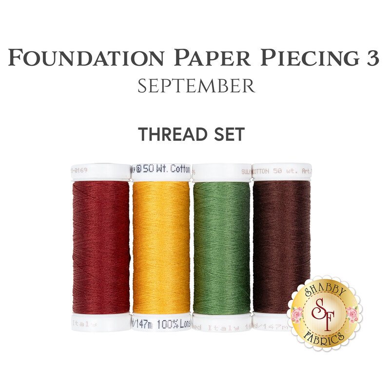 Four spools of thread in red, yellow, green, and reddish brown, underneath a text graphic that reads 