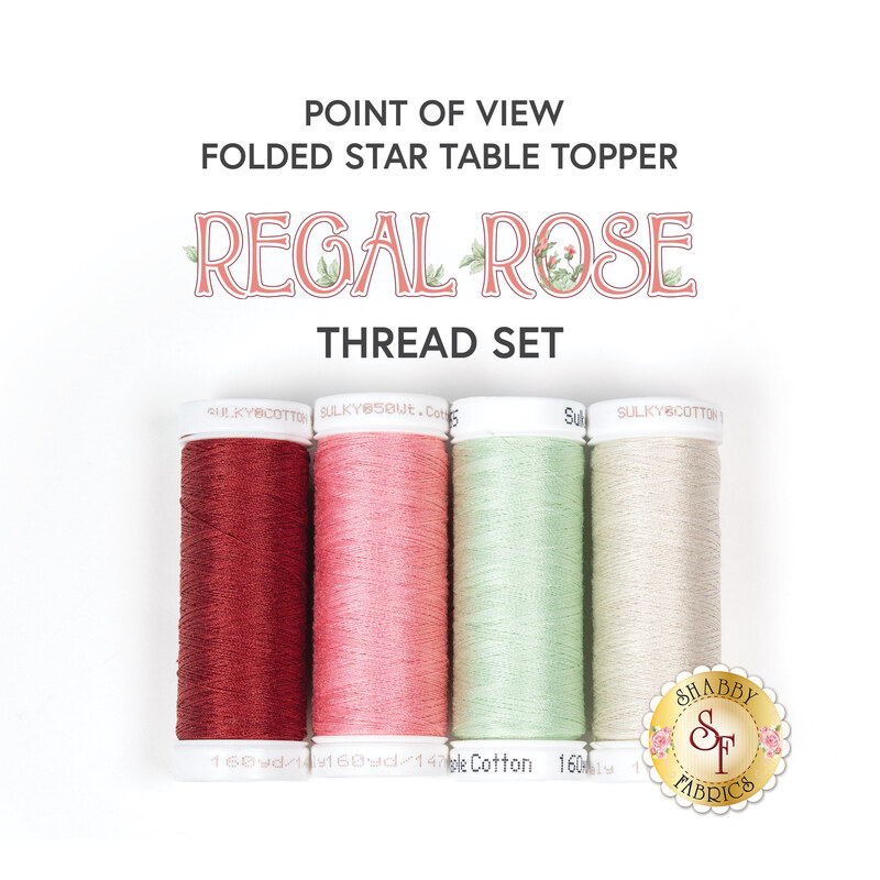 Four spools of thread in red, pink, mint, and ecru, underneath a text graphic that reads 