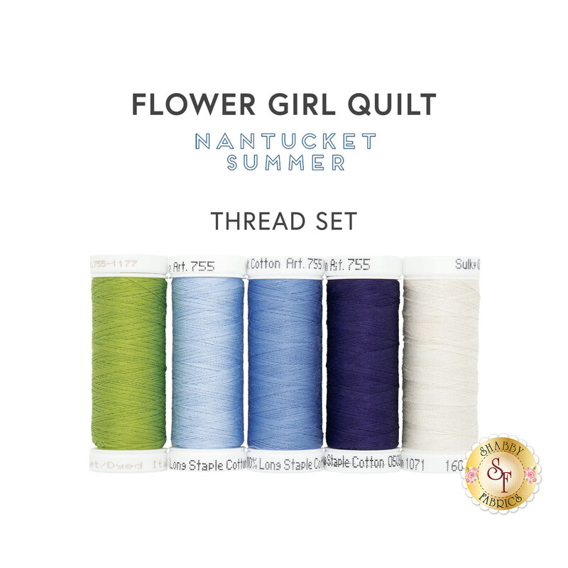 Five spools of thread in green, light blue, cornflower blue, navy, and white, isolated on a white background underneath a text graphic that reads 