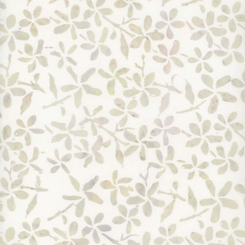 White batik fabric with mottled purple, blue, and tan florals.