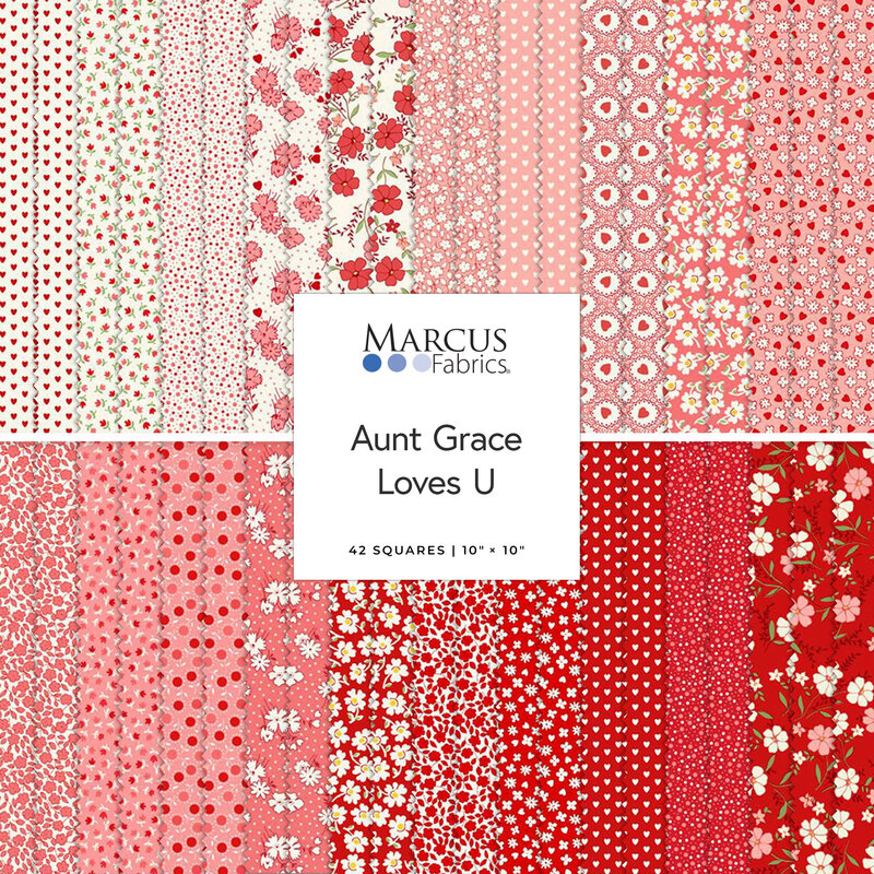 Two rows of patterned fabric swatches in white, red, and pink with a Valentine's Day theme, labeled Aunt Grace Loves U by Marcus Fabrics.