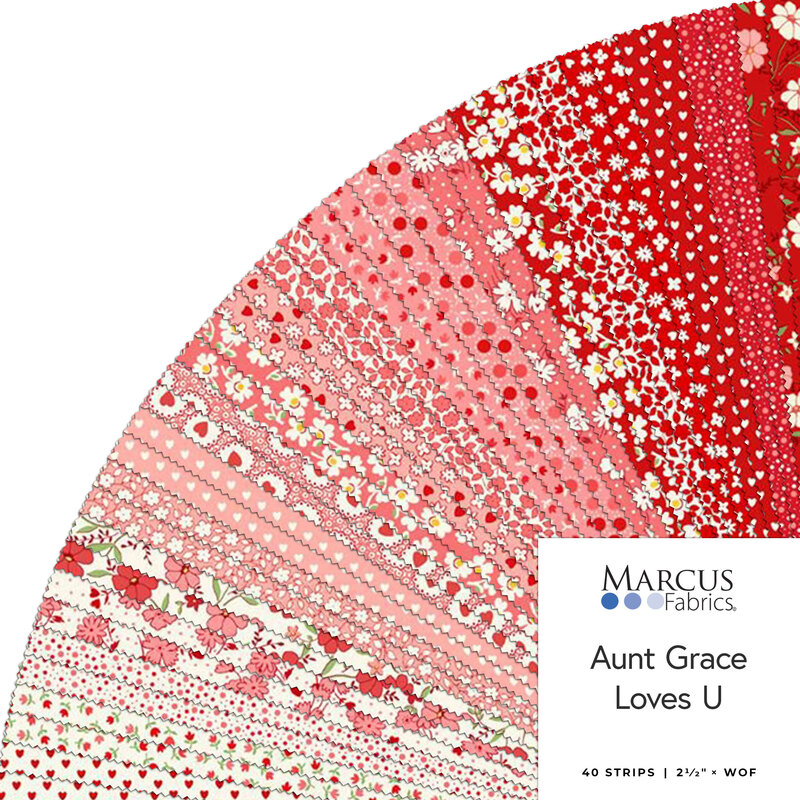 Collage of fabric strips in white, red, and pink featuring a Valentine's Day theme, in a circular display, labeled Aunt Grace Loves U by Marcus Fabrics.