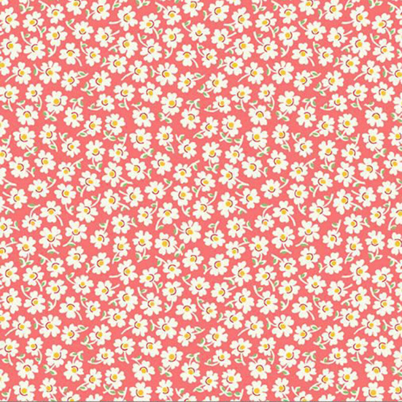 ditzy pattern of white daisies on salmon pink fabric