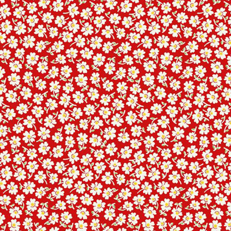 ditzy pattern of white daisies on bright red fabric
