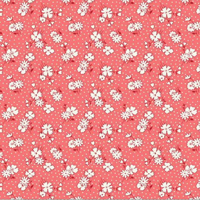 Coral pink fabric featuring white daisy blossoms and hearts with a white dotted background.