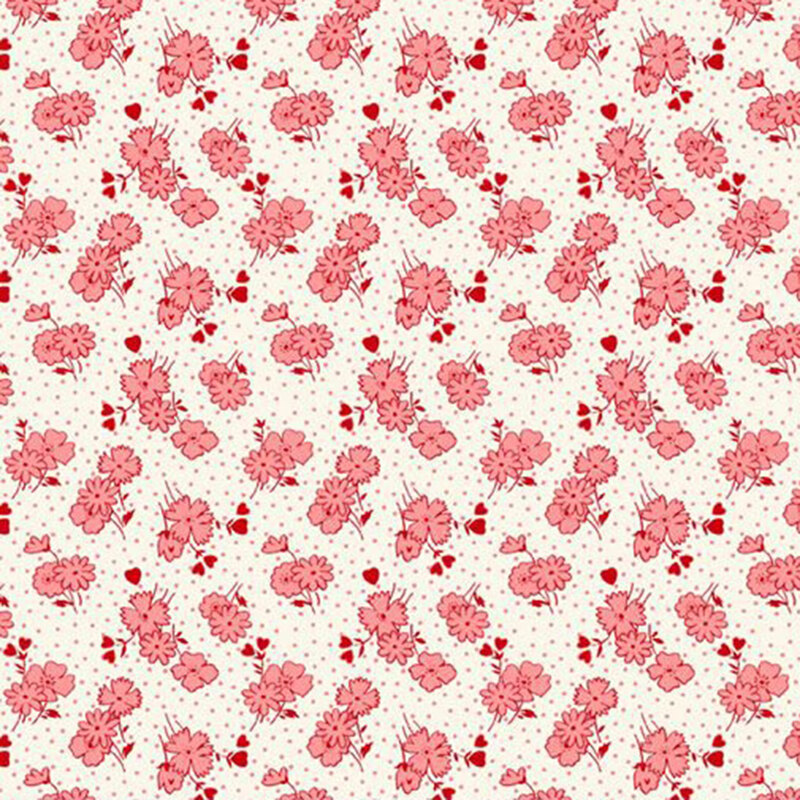 White fabric featuring coral pink daisy blossoms and hearts with a pink dotted background.