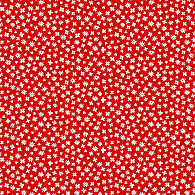 Bright red fabric featuring ditzy white mini-flowers and red hearts.