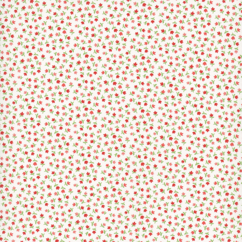 Cream fabric featuring a pattern of tiny red and coral pink tulips with green stems.