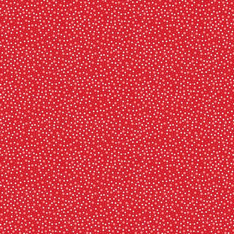 Bright red fabric tossed with white and pink colored dots in various sizes.