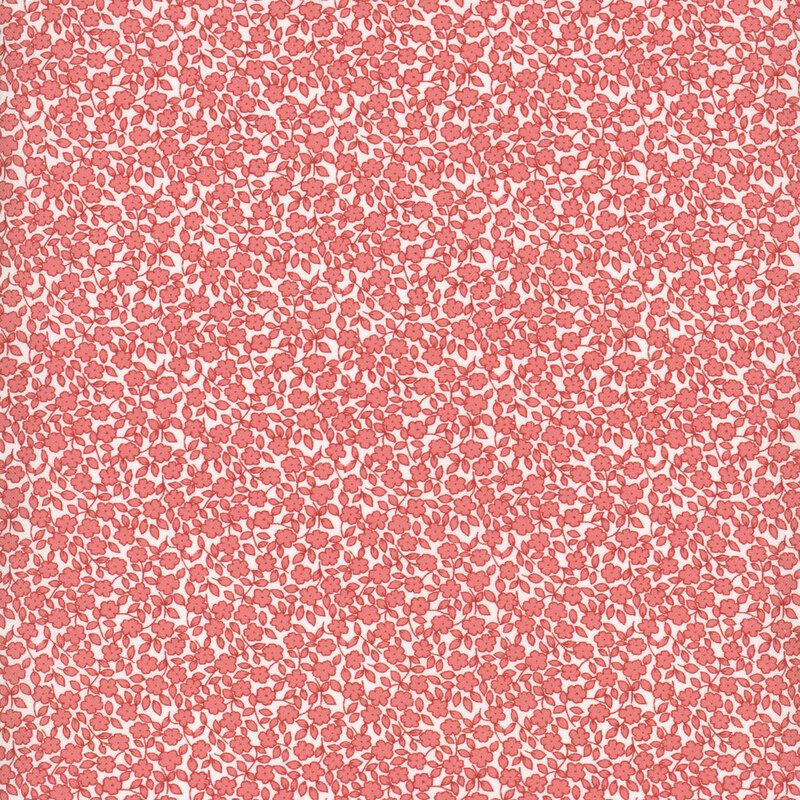 Dusty rose flowers and leaves packed on light pink fabric.