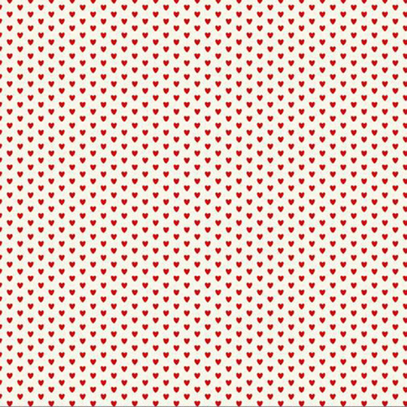 Cherry red hearts in rows on white fabric