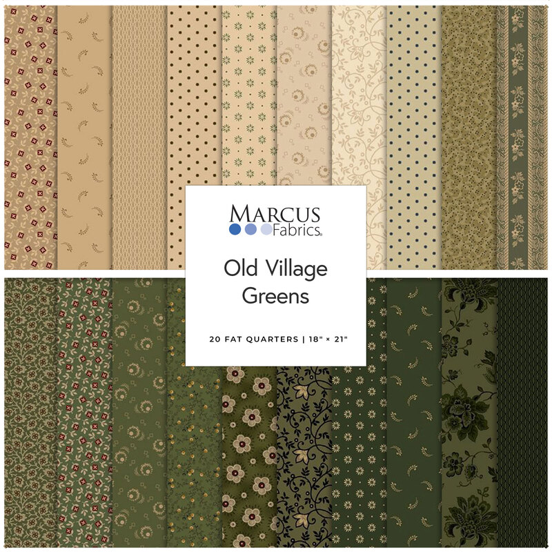 Digital collage of fabrics included in the Old Village Greens collection with hunter green, olive, sage, cream, and tan with an antique floral theme.