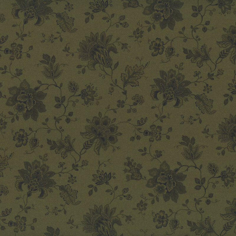 Tonal dark sage fabric featuring antique flowers, leaves and vines.